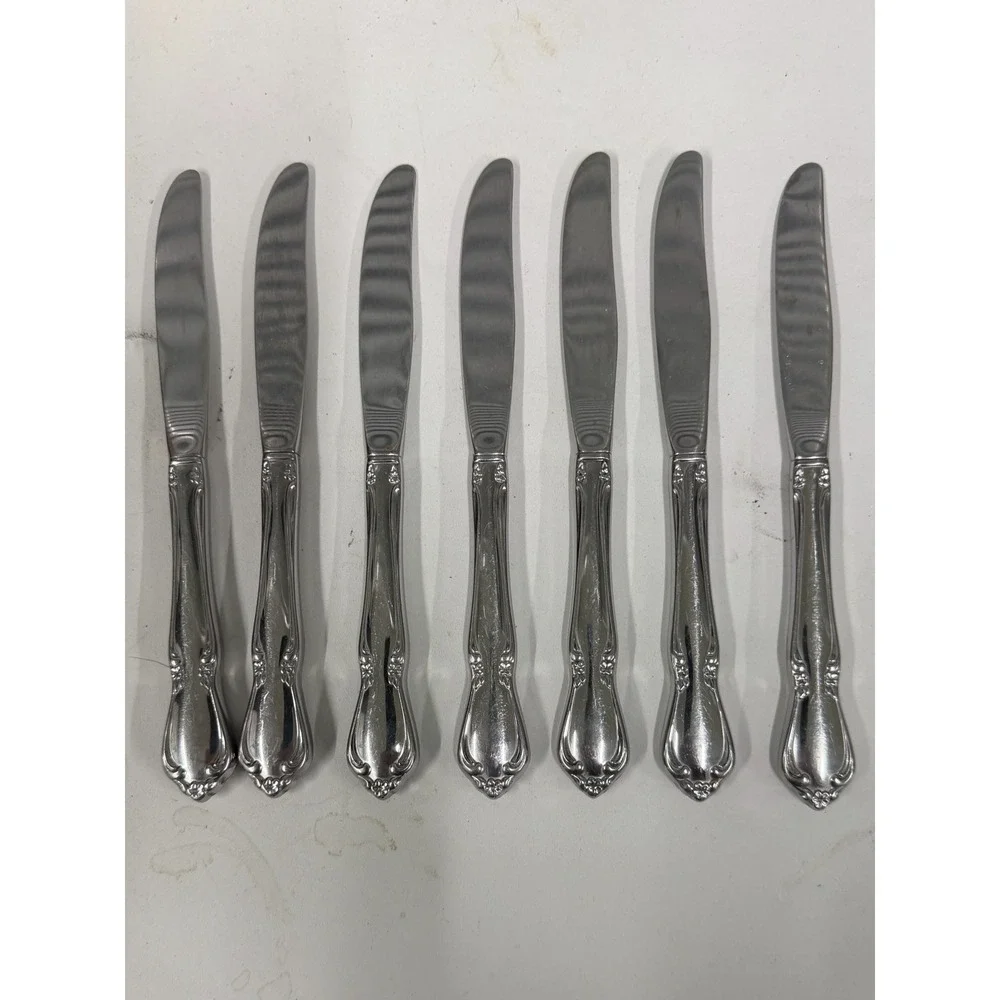 7pc Oneida Chateau Stainless Steel Dinner Knives Ornate Floral Scroll Handle